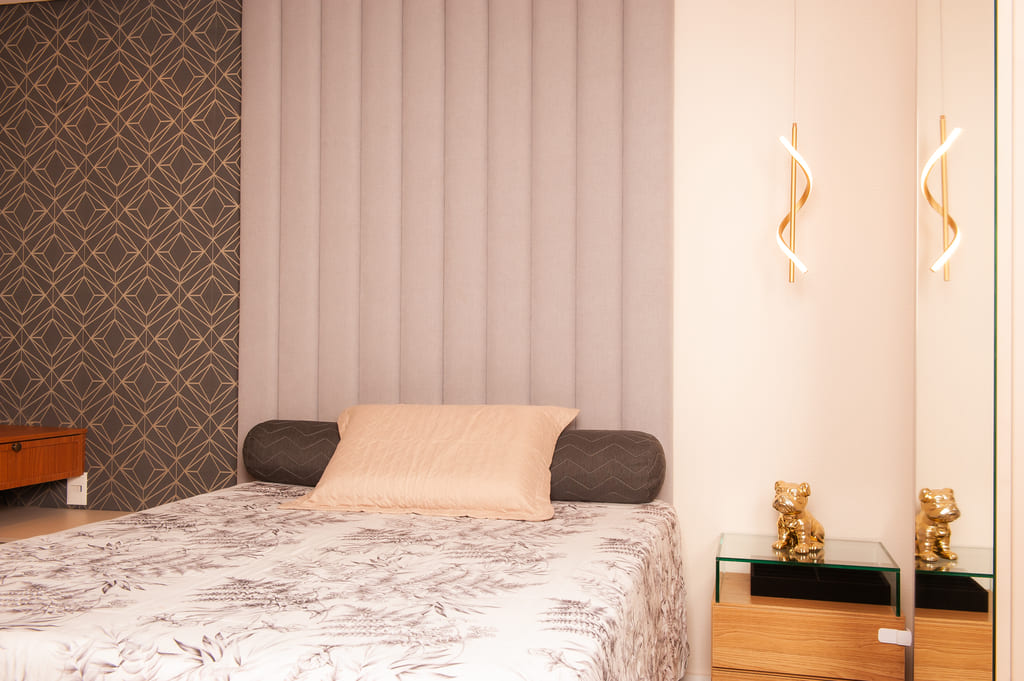 Quarto moderno e aconchegante na reforma de apartamento na Savassi, Belo Horizonte, realizada pela Mazí Construtora.
