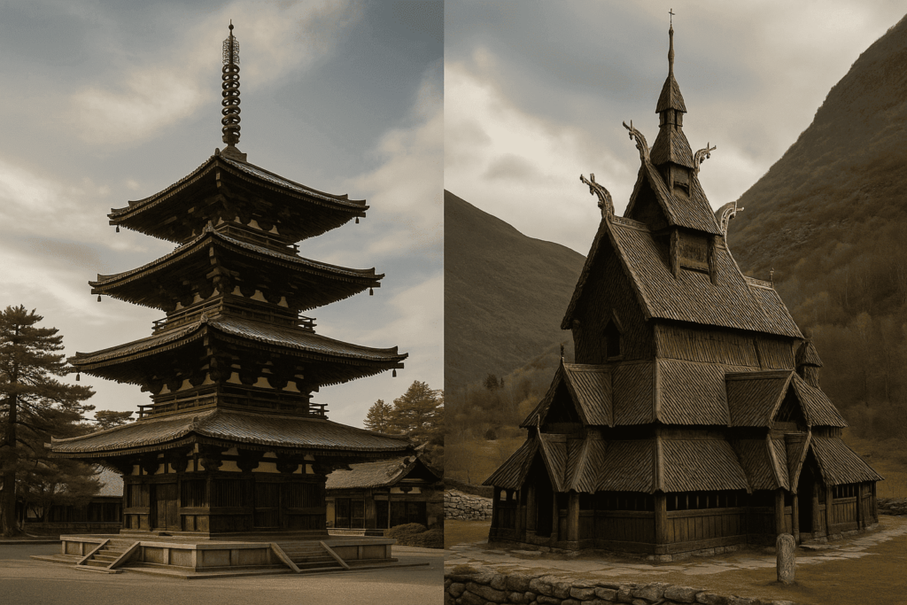 Imagem lado a lado de duas estruturas antigas de madeira: à esquerda, o Templo Hōryū-ji no Japão com arquitetura budista e telhados curvados; à direita, a igreja Borgund Stavkirke da Noruega com telhado pontiagudo em estilo nórdico medieval. Ambas simbolizam a durabilidade das construções em madeira ao longo dos séculos.