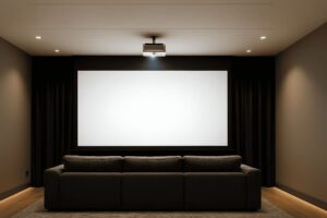 Sala de home-cinema contemporânea com cortina blackout preta cobrindo toda a parede atrás da tela de projeção, sofá cinza escuro em primeiro plano, iluminação indireta suave.