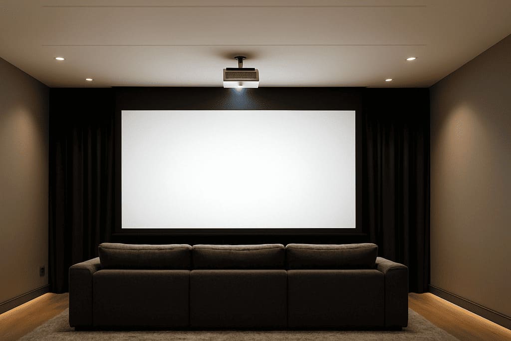 Sala de home-cinema contemporânea com cortina blackout preta cobrindo toda a parede atrás da tela de projeção, sofá cinza escuro em primeiro plano, iluminação indireta suave.