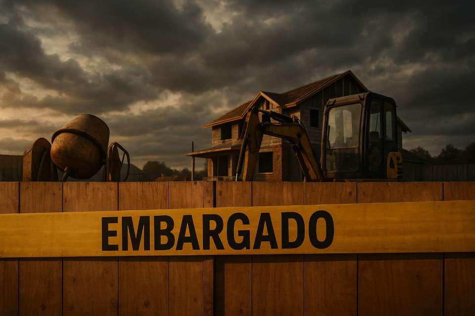 Canteiro residencial embargado com tapume de madeira e faixa amarela “EMBARGADO”, betoneira e escavadeira paradas ao fundo, céu nublado — regularização obra.