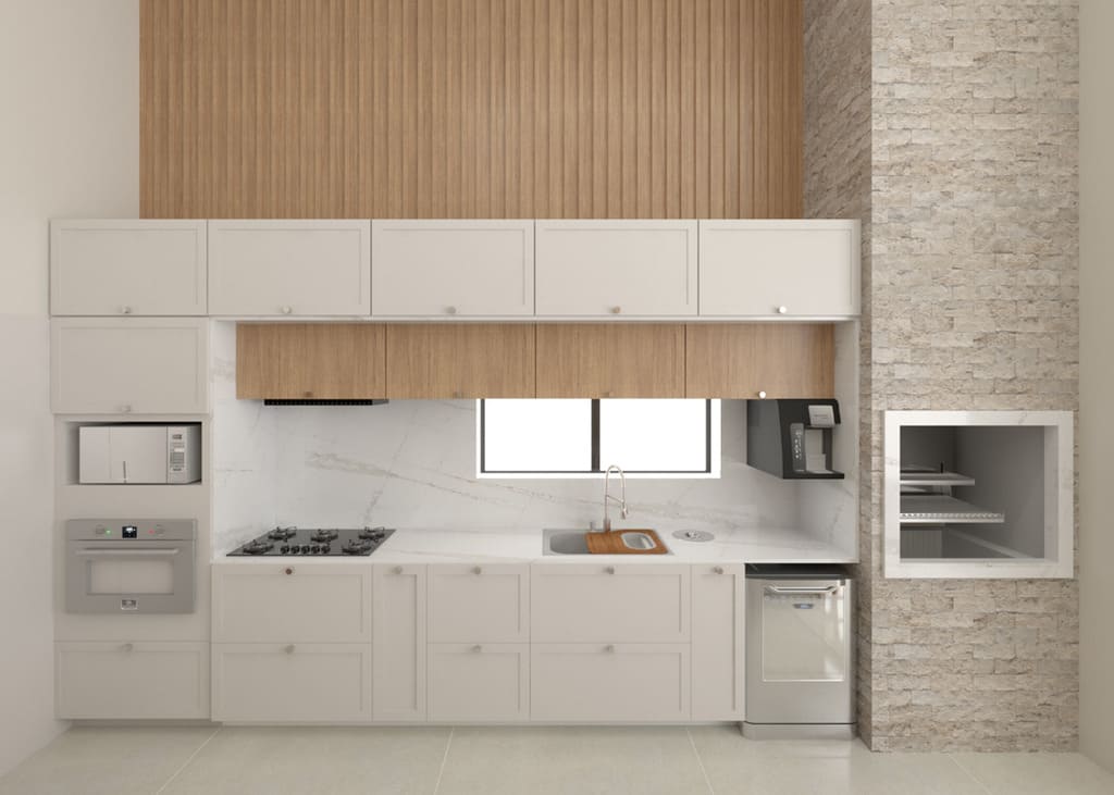 Cozinha planejada linear com armários brancos e madeira, bancada em pedra clara, janela central, cooktop, cuba, lava-louças e nicho de churrasqueira em pedra; fita LED sob os armários superiores iluminando a bancada — sem pessoas.