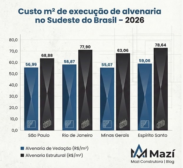 Gráfico comparativo do custo m2 construção alvenaria 2026 por estado no Sudeste do Brasil