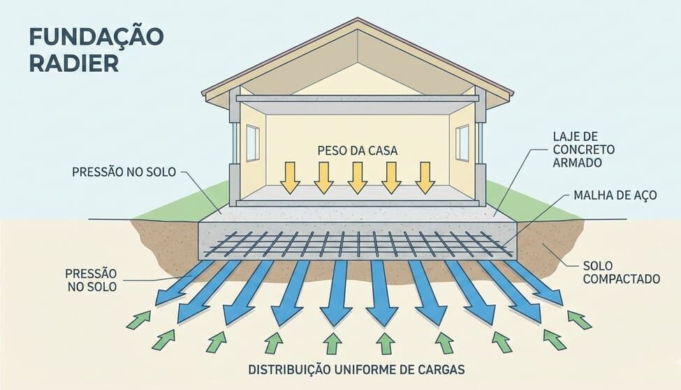Esquema ilustrativo de fundação radier para casa