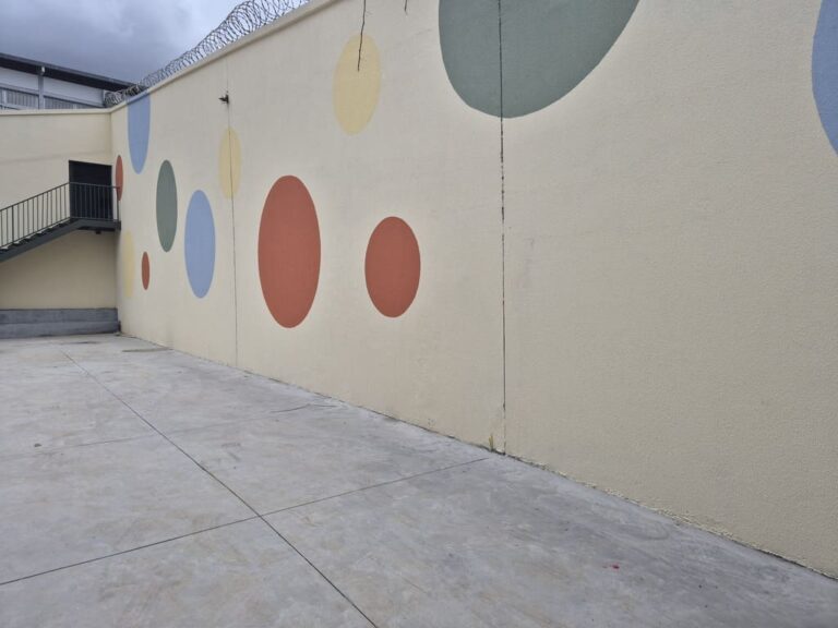 Área externa com muro decorado na reforma e ampliação do Colégio Alta Vista