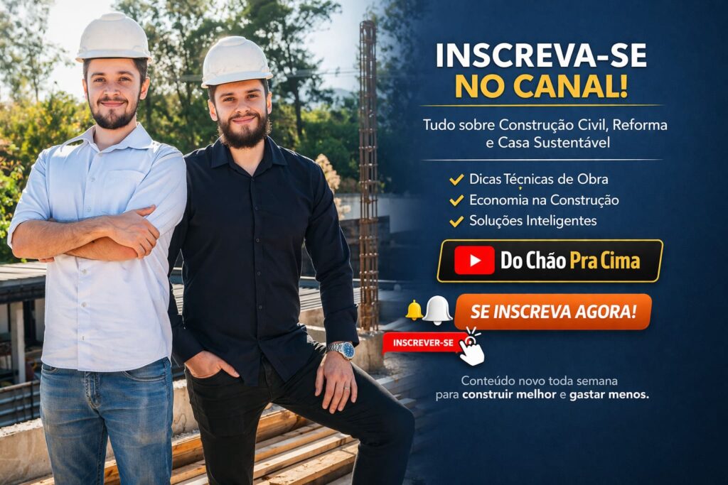 Engenheiros em obra convidando para se inscrever no canal Do Chão Pra Cima