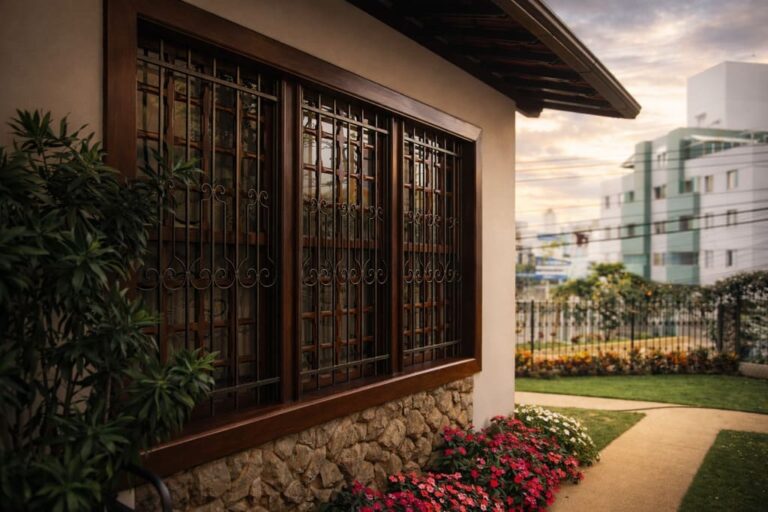 Janela de madeira e jardim após reforma da casa no Grajaú