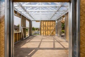 Estrutura de casa steel frame em construção com perfis metálicos