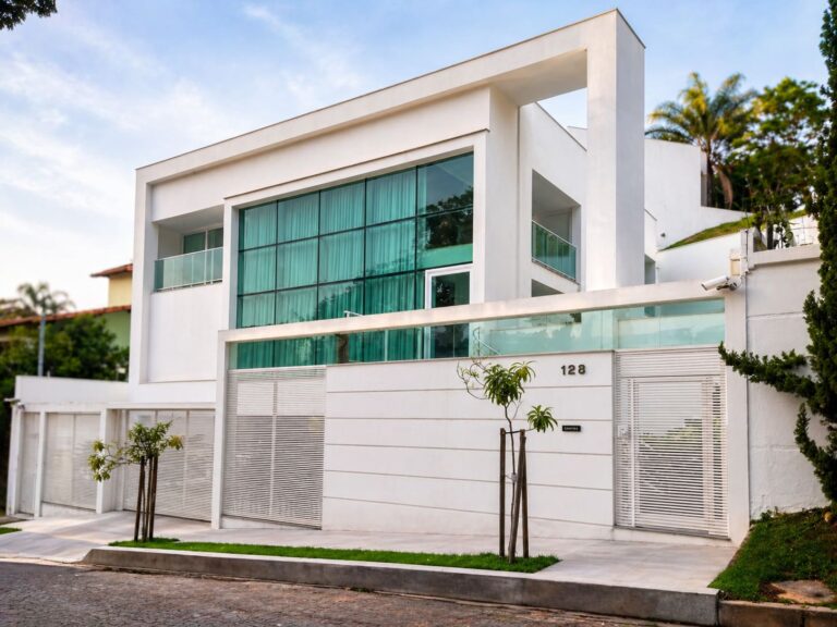 Fachada de casa moderna com vidro amplo e varanda com guarda-corpo