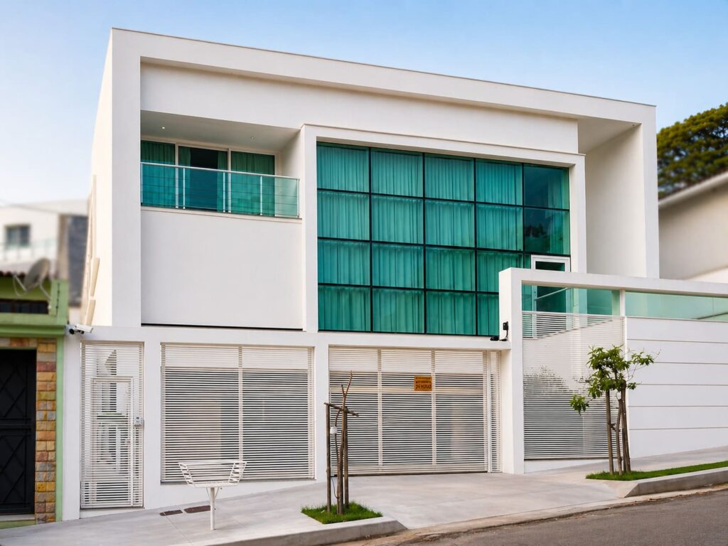 Fachada de casa moderna com grandes janelas de vidro e varanda