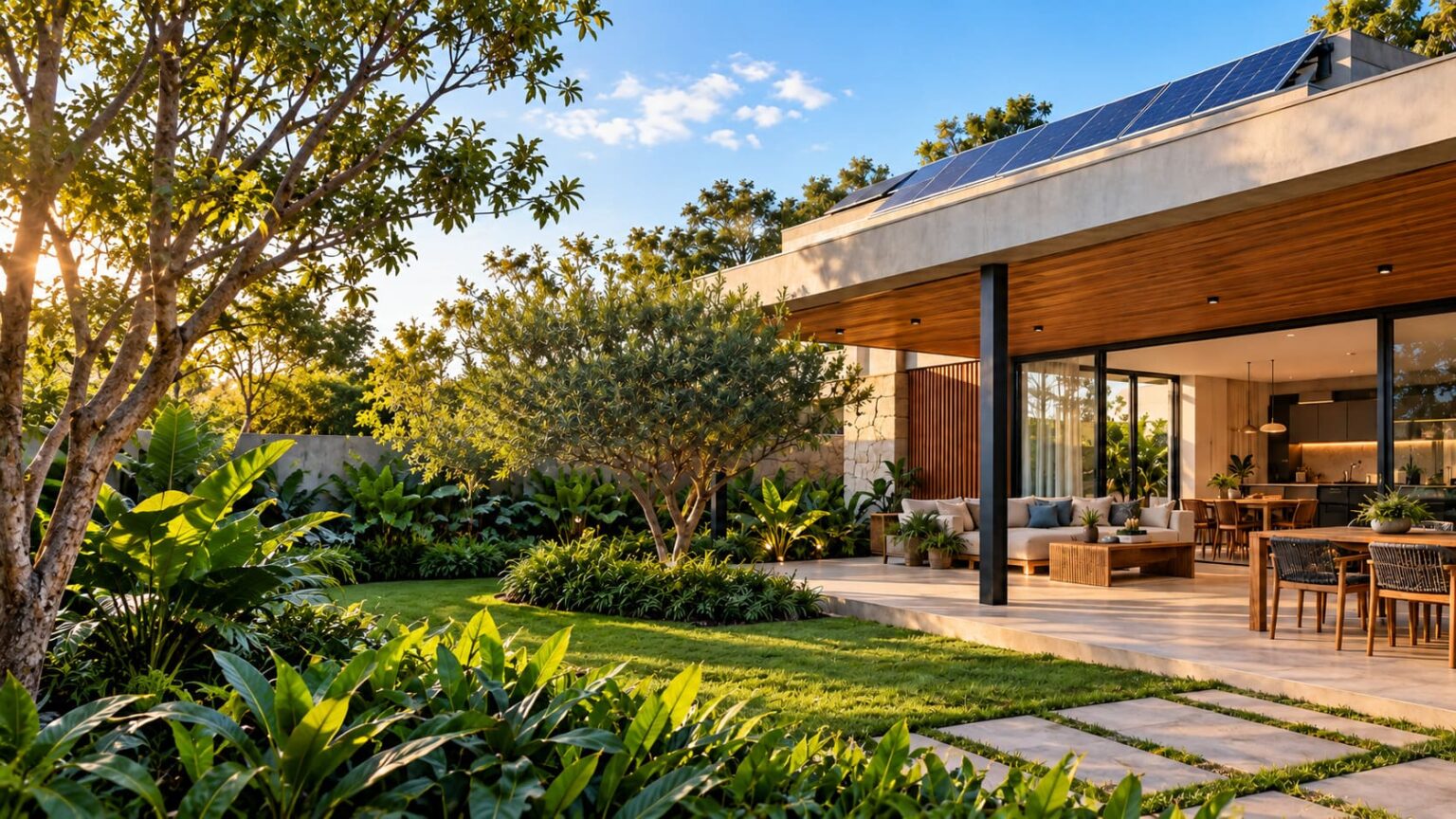 Casa sustentável com painéis solares no telhado, grandes aberturas, varanda sombreada e jardim.